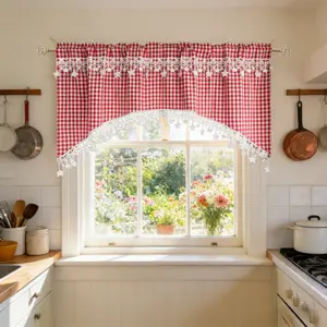 Gingham Farmhouse Swag Curtain 1 Panel Red and White Plaid Kitchen Curtain for Window Cute Star Arched Short Curtain for Cabinet Cafe Vintage Valance for Doorway Bathroom, Rod Pocket (W39 L25 inch)