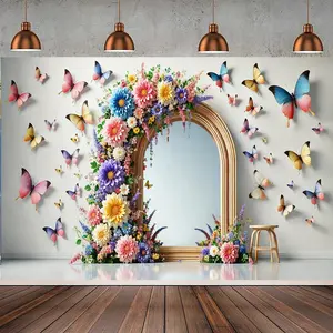 2D Flat Floral Arch with Butterfly Decoration Durable Polyester Picture Backdrop 2025 Photo Studio Props Birthday Party Gift Home Outdoor Universal Decoration for Living Room Office Garden Bedroom