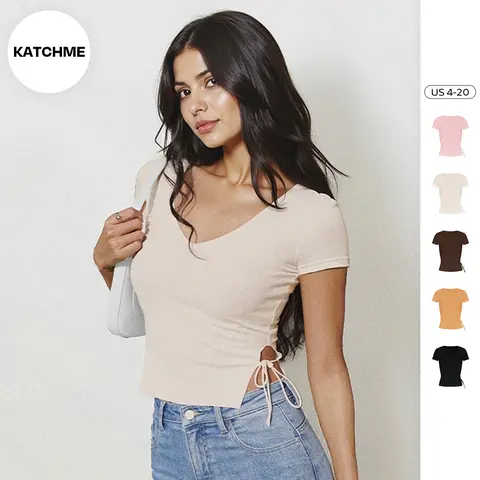KatchMe Women's Casual Solid Color V Neck Short Sleeve Side Drawstring Top, Lady Figure-Hugging Top for Daily Wear, Spring & Summer Breathable Womenswear