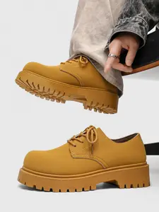 Unisex Trendy Retro Style Workwear Shoes: Mustard Color-Block, Cushion Platform, Classic Silhouette. For Daily Leisure Walking Shoes