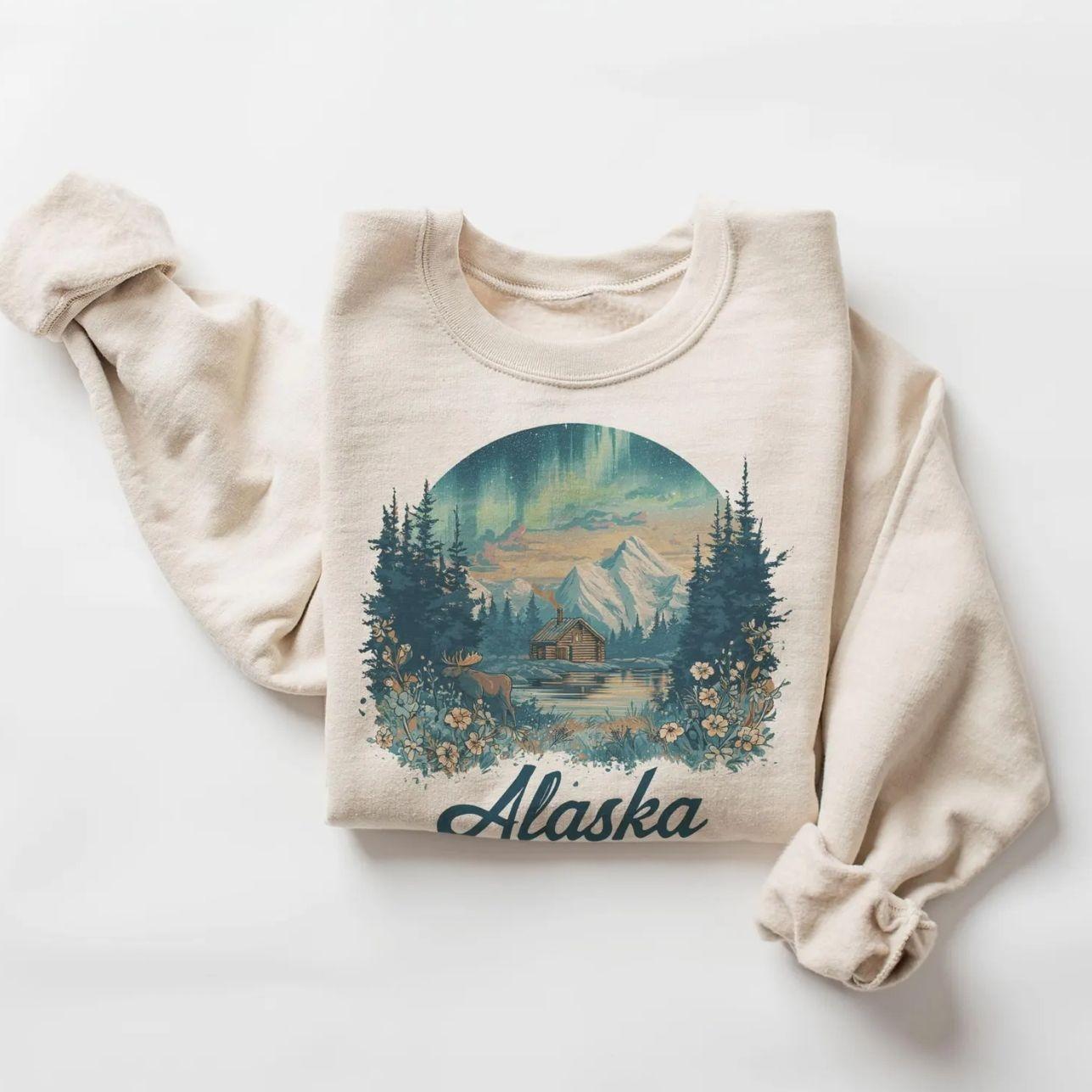 Retro 90’s Alaska Northern Lights Cabin Vintage Moose Wildlife Unisex Sweatshirt – Lauriel Designs 7D