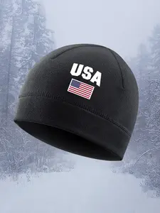 Warm Fleece Hat Beanie Fitted American Flag Letter Pattern, Winter Outdoor Sports Ski Snowboard Hunting Hiking Camping Travel