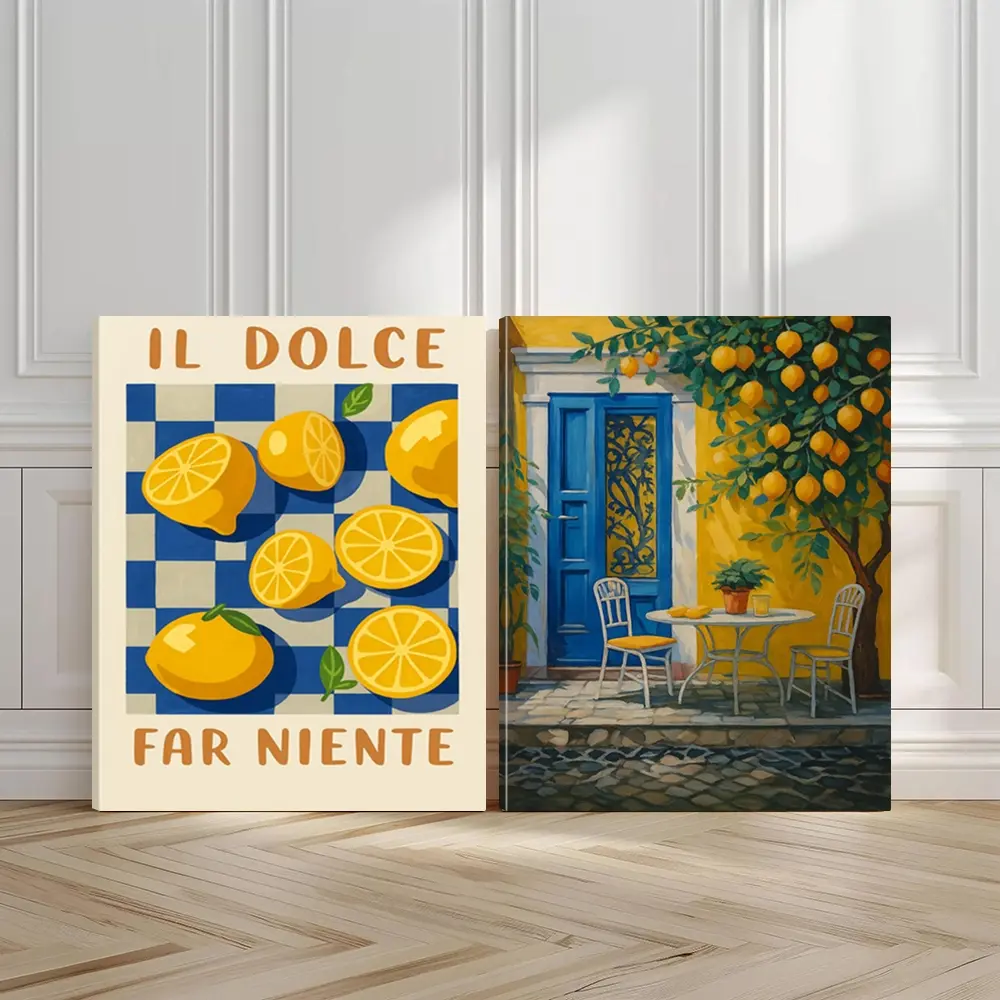 2pcs Lemon Slices Wall Art, Blue Door Poster, Sunny Atmosphere Art Prints, Outdoor Patio Home Decor, Modern Wall Paintings, Minimalist Canvas Posters Wall Arts, Decor for Living Room, Restaurant, Kitchen, Bedroom, Housewarming Gift, With Frame