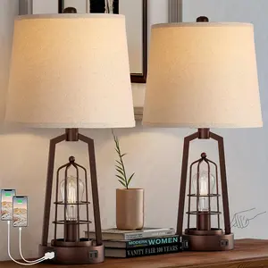 2024 Farmhouse Bedside Lamp Touch Control, Dimmable Industrial Table Lamps For Bedrooms, Desk Lamp With USB Charging Port And Outlet, Rustic Bed Lamps For Living Room, Study Room, Office, Bulbs Included