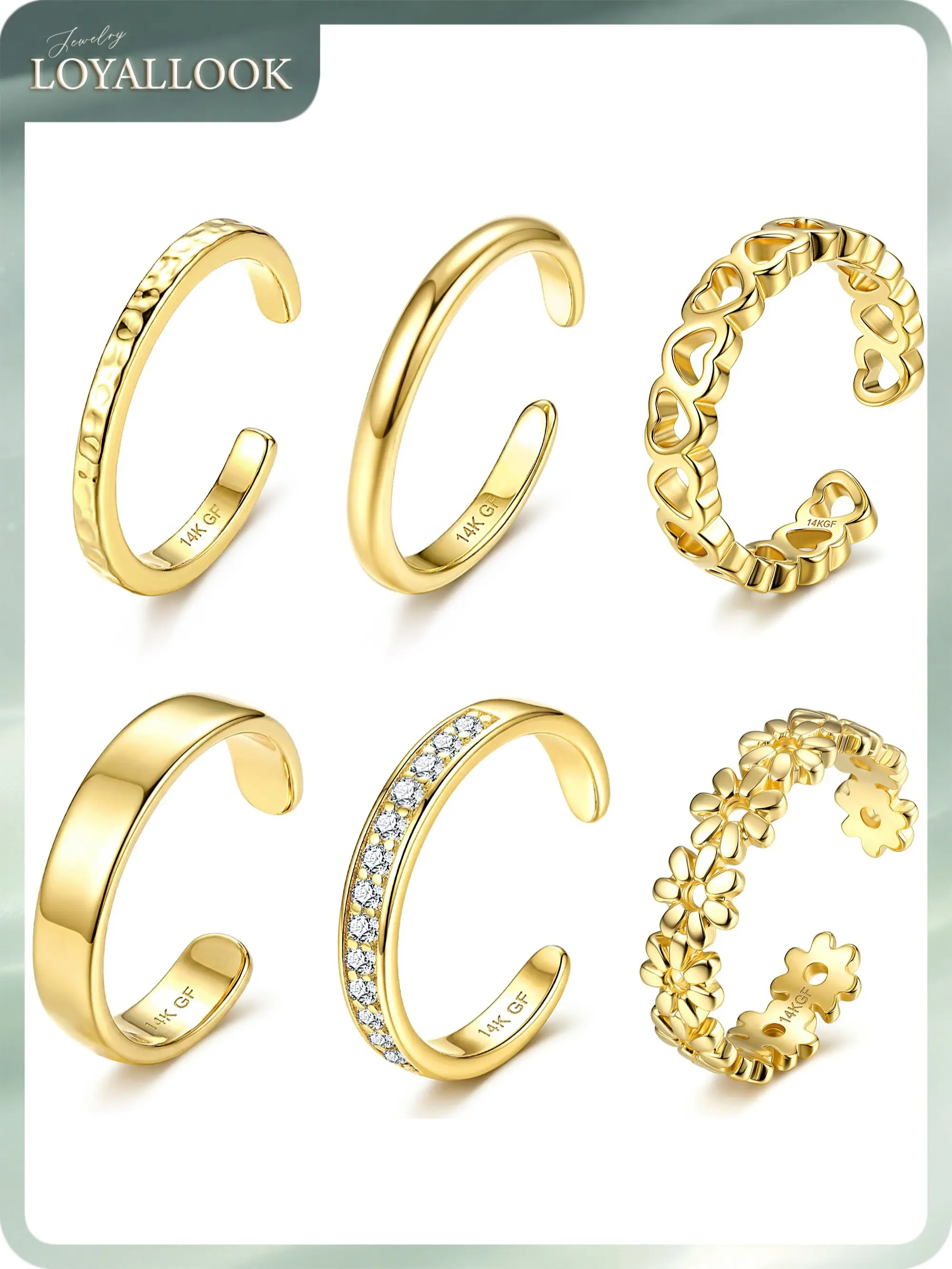 LOYALLOOK 6PCS Toe Rings for Women - 14K Gold Filled Toe Ring Non Tarnish Silver Adjustable Simple Open Band Hug CZ Chunky Flower Toe Rings Set Trendy Summer Beach Foot Jewelry for Women