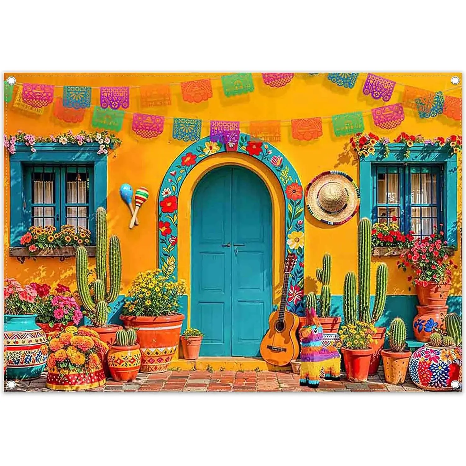 7x5ft Polyester Fiesta Theme Photography Backdrop - Wall-Mount Mexican Cinco de Mayo Banner with Yellow Cabin House, Cactus Flowers, Guitar Design for Outdoor Carnival Party Decor & Photo Prop