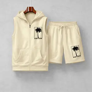 Men's Return to Nature Palm Tree Graphic Sleeveless Hoodie Shorts Set 2 Piece Outfit Tropical Palm Print Zip Up Hooded Vest Drawstring Shorts Summer Casual Gym Workout Streetwear Breathable Lightweight Athletic Lounge Set
