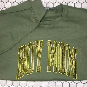Boy Mom Glitter Embroidered Crewneck Hoodie - Long Sleeves for Extra Warmth