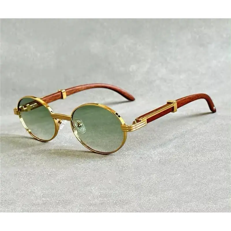 Wooden Fashion Sunglasses Women Vintage Oculos Trending Oval Design with Striking Green Lenses and Sophisticated Wooden Frame