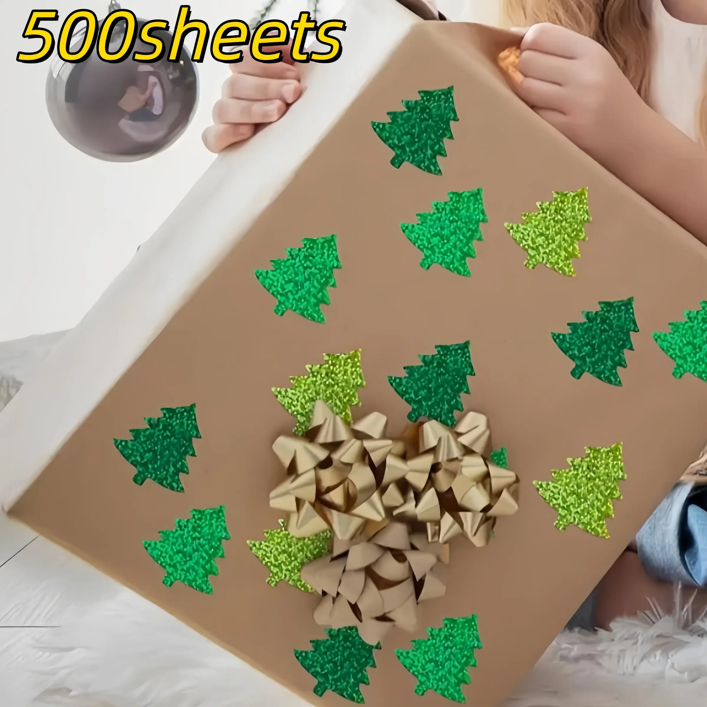 500 Sheets Glitter Christmas Tree Stickers Roll - Self-Adhesive PVC Matte Holiday Labels, Gift Wrapping Supplies, Scrapbook Accessories, Durable Design