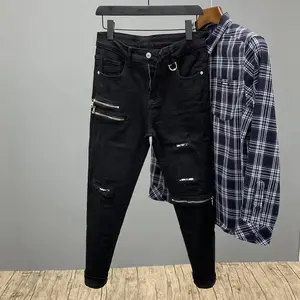 Spring Summer New  Zipper Splicing Bla Jeans Men's Hole Patch American High Street Slim Fit Long Pants Youth Casual Co...