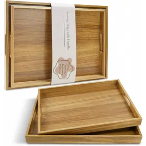 2-Piece Wooden Acacia Serving Trays with Handles - Rustic Decorative Storage Trays for Coffee Table, Housewarming Gift for Kitchenware Use