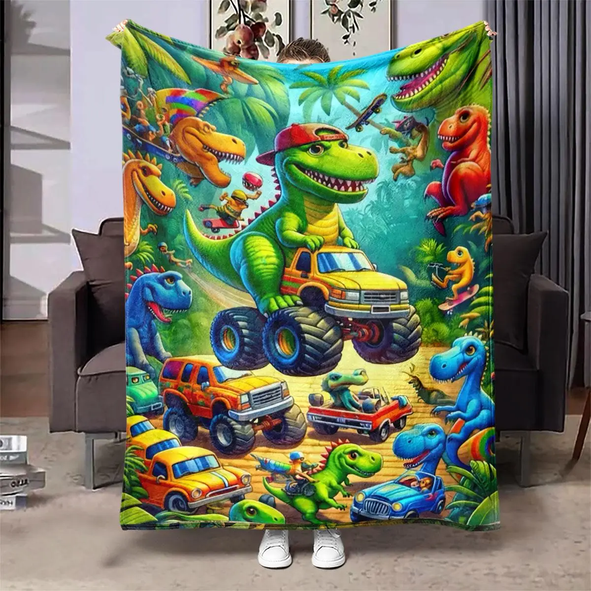 Cartoon Dinosaur Pattern Blanket, 1 Count Soft and Comfortable Air-conditioned Room Flannel Throw, Warm Nap Blanket for Home & Office
