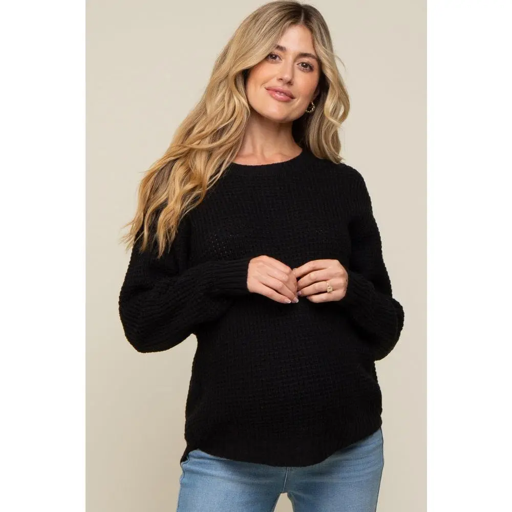 Black Waffle Knit Round Hem Maternity Sweater