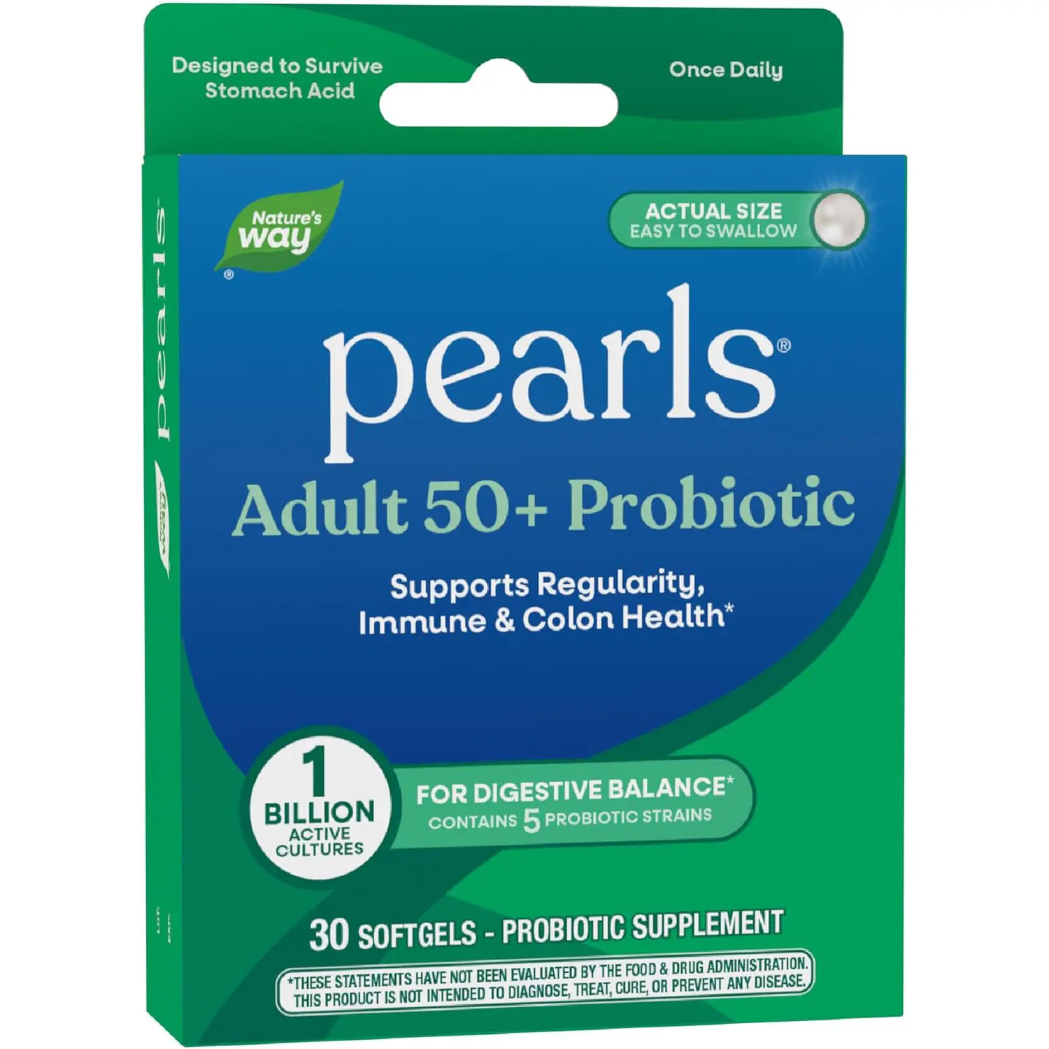 Pearls Adult 50+ Probiotic 1B Cultures for Digestive Health Supports Regularity Immune and Colon Health No Refrigeration 30 Softgels