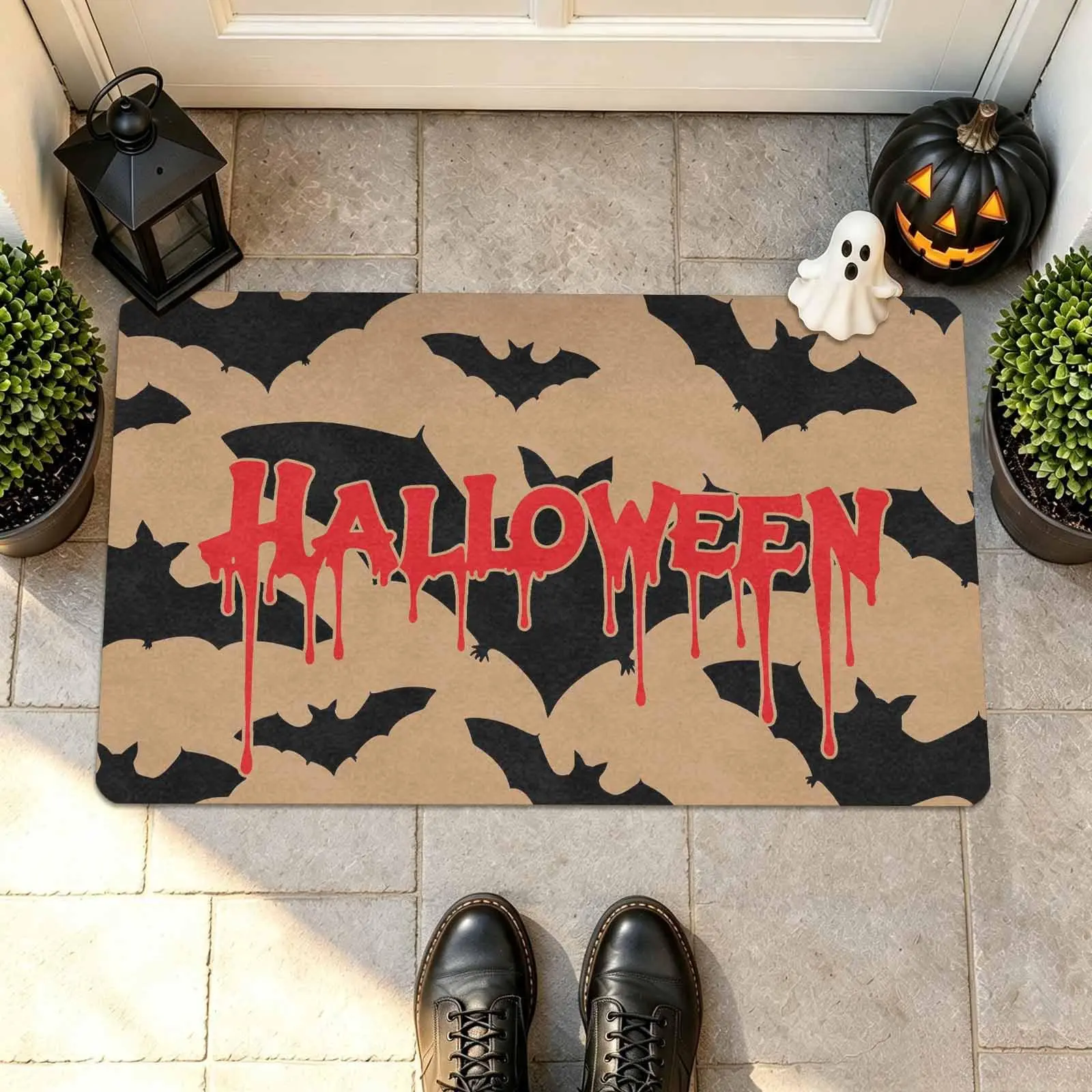 Halloween Doormat, Blood Drip Halloween Lettering Black Bats Front Door Mat, Spooky Vintage Halloween Decorative Entrance Rug, Non Slip Horror Welcome Mat