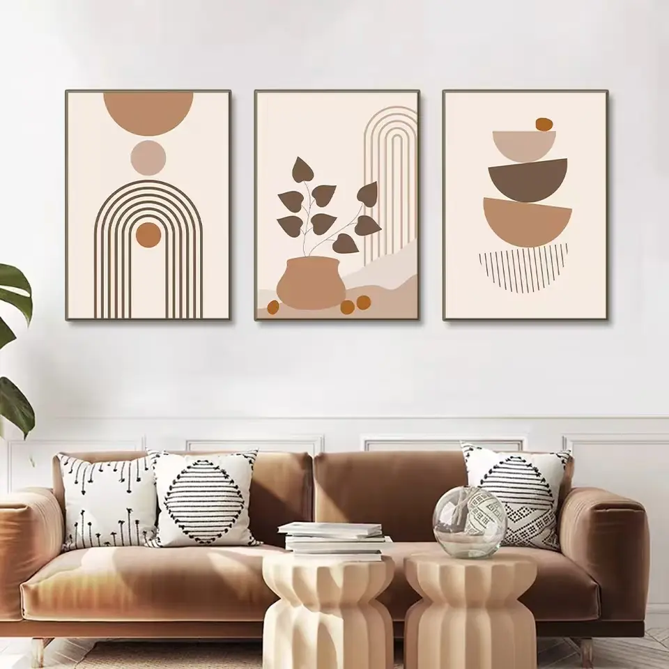 3pcs Nordic Poster Abstract Line Leaf Geometric Unframed Oil Painting Art Print, Living Room Coffee Shop Modern Home Decor Wall Mural