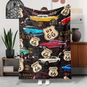 1 Vintage Route 66 Classic Car Printed Flannel Blanket - Tear Resistant, Machine Washable, Stain Resistant, All-Purpose Blanket For All Seasons