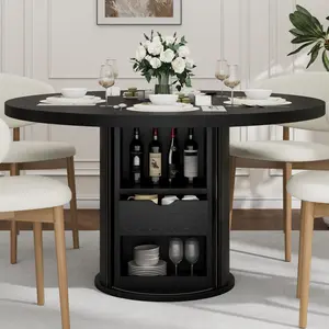 47 Inch Black Round Dining Table for 4-6,Kitchen Table with 2-Layer Storage Shelf and a Drawer,Farmhouse Circle Dinner Table for Dining Room,Kitchen,Living Room (Table Only)