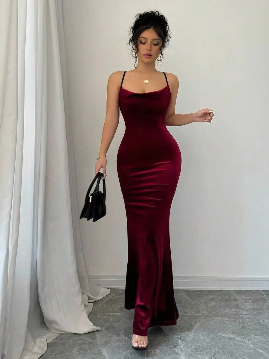LUNA LAYER Womens Spaghetti Strap Backless Velvet Mermaid Maxi Dress Formal Party Outfit