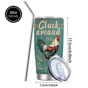 20oz "Cluck Arouud and Find Out" Stainless Steel Tumbler Water Bottle with Lid and Straw Funny Rooster Chicken Design Double Wall Vacuum Insulated Travel Mug Perfect Gift