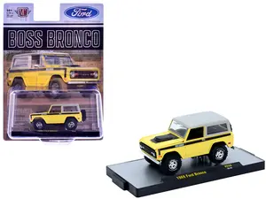 1969 Ford Bronco Yellow with Black Stripes and Gray Top Limited Edition to 6380 pieces 1/64 Diecast Model Car by M2 Machines