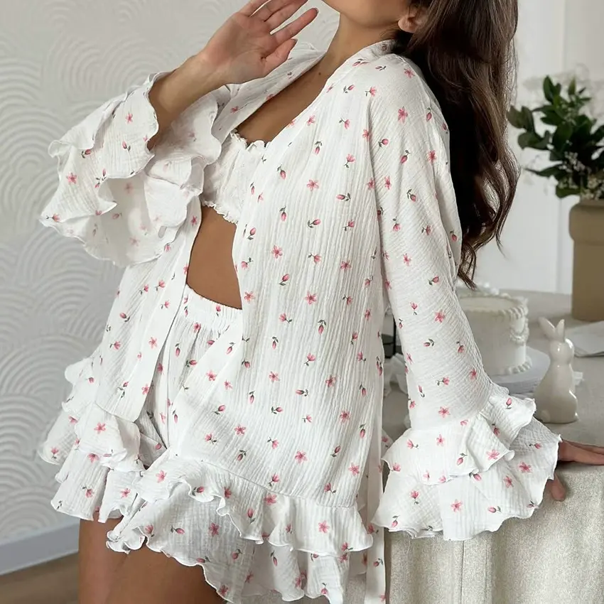 Women's 100% Cotton Floral Two-Piece Pajama Set, Long-Sleeve Ruffle-Trim Belted Robe and Elastic-Waist Shorts for Sleep and Lounging, Fall