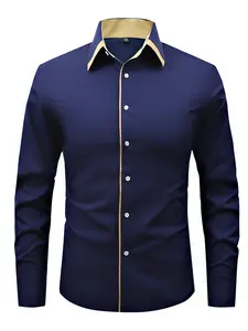 Men’s slim-fit long-sleeve casual button-up shirt with a color-block collar and pockets, made from breathable polyester fabric for everyday wear and business/social occasions—great as a gift for a boyfriend or husband.
