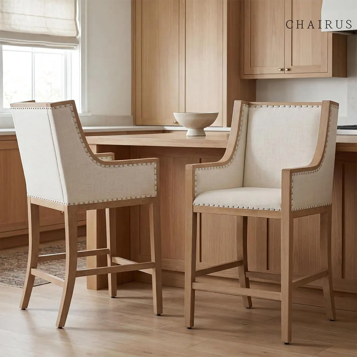 CHAIRUS 26.5" Counter Height Upholstered Wood Barstools with Armrests (Set of 2) - Adjustable Arm Barstools, Farmhouse Kitchen Island Chairs for Pub, Linen Beige, Barstool