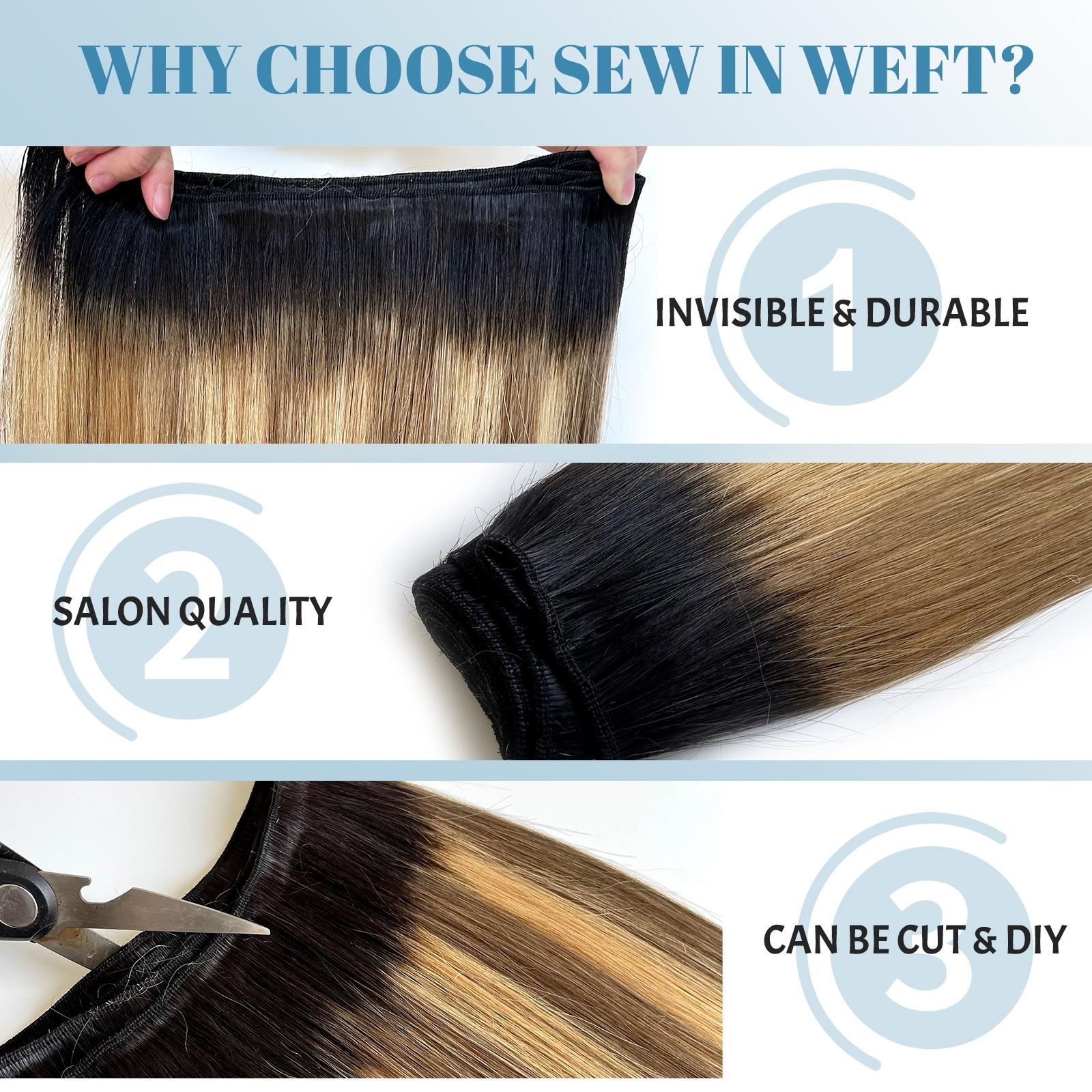 Black to Ash Blonde Balayage Highlight Sew In Extensions 24 Inch Real Human Hair Weft Extensions 120G Double Weft Remy Human Hair Bundles For Women Hand Tied Full Head Straight Hair Weaves