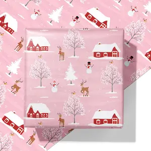 Christmas Wrapping Paper - Xmas  Wrap with Snowy Houses, Reindeer, Snowmen & Trees Design -  for  & Adults  Wrapping - 40x28 Inches, 4 Folded Sheets