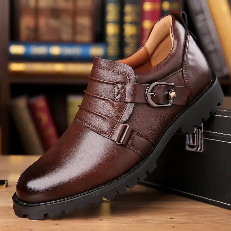 Men's Classic British-Style Buckle Leather Formal Shoes - Non-Slip, Height-Boosting Work Footwear for Business, Commuting, Business Formal Shoes, All Season, Faux Leather Formal Shoes
