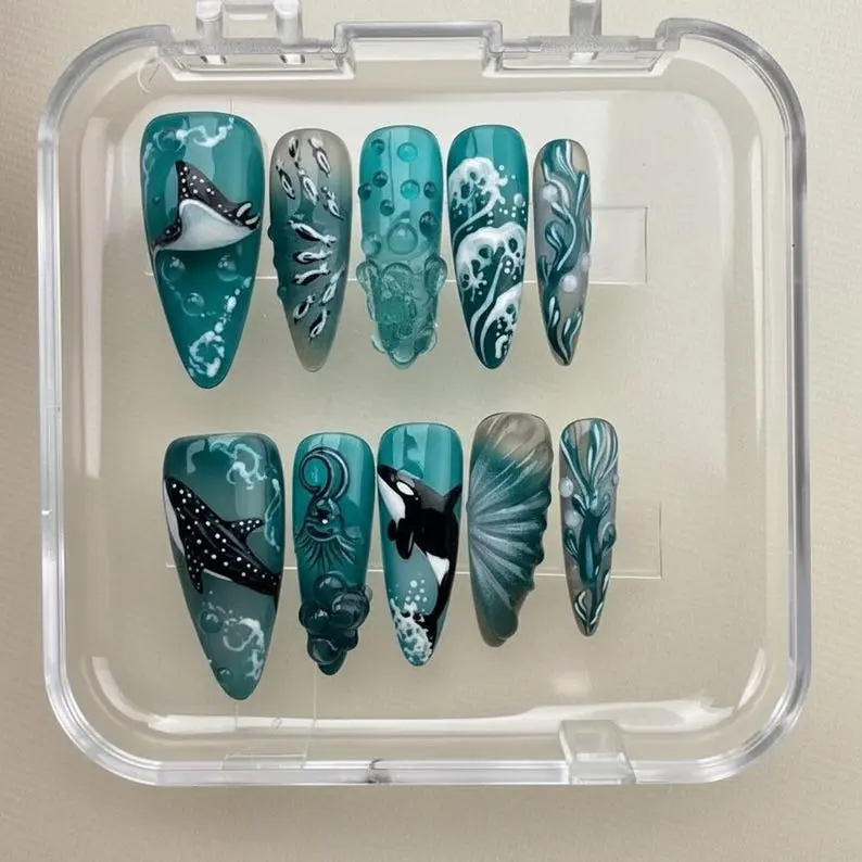 Handmade Ocean Whale Press On Nails, Custom Gel Faux Acrylic Nails with 3D Orca Manta Ray Shark, Deep Blue Sea Life Hand Painted Nail Art, Reusable Luxury Press Ons, Ocean Lover Birthday Gift