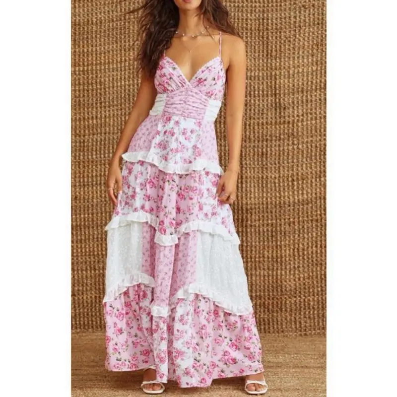 Women's Fashion Elegant Floral Lace Patchwork Ruffle Sleeveless Spaghetti Strap V Neck A Line Maxi Dress in Polyester for Summer Casual Wear - Womenswear