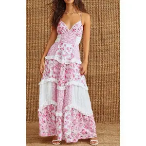 Women's Fashion Elegant Floral Lace Patchwork Ruffle Sleeveless Spaghetti Strap V Neck A Line Maxi Dress in Polyester for Summer Casual Wear - Womenswear