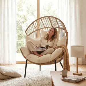 Oversized Papasan Chair with Ultra Thick High Density Cotton Cushion Handwoven Wicker Steel Frame Ergonomic Deep Seating Lounge Chair Support 350lbs for Living Room, Backyard & Garden