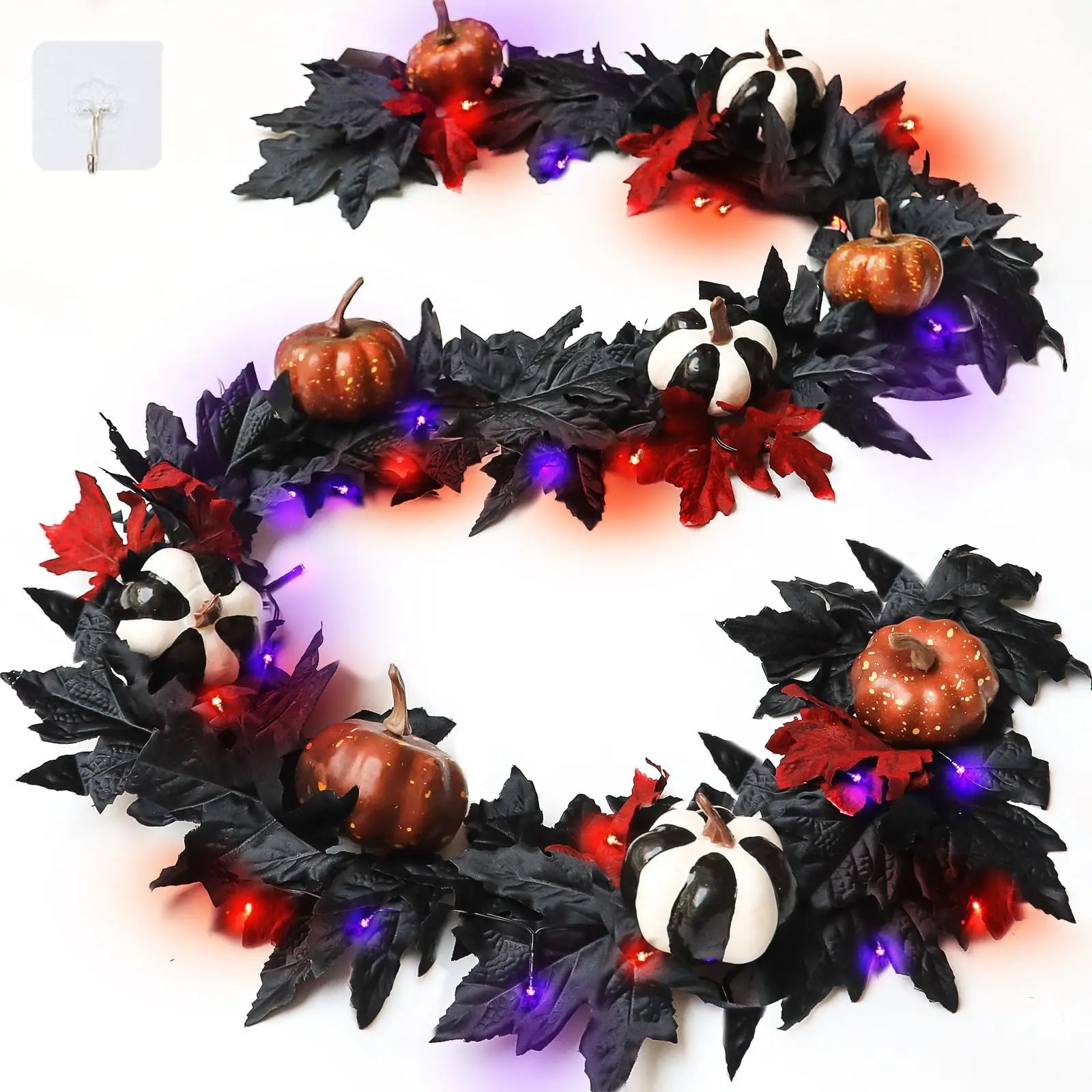 Timer & 2 Color Light 6 Ft Halloween Garland Halloween Decorations | Black Maples Leaf Garland with Black White Orange Pumpkins 20 LED Purple Orange Lights for Home Indoor Table Firplace Party