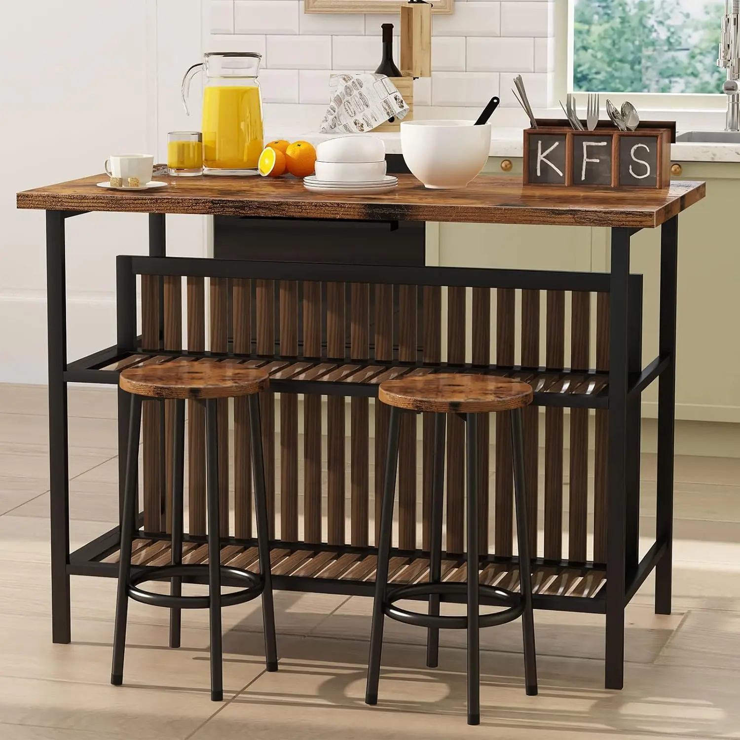 DKLGG Industrial Retro Wood Kitchen Island with Seating Set - 47.2x23.6" Rectangular Kitchen Table, 2 Barstools, 15.7x11.8x23.81in Storage, 2-tier Shelf Space, 110lb/220lb Capacity, Metal Frame, Easy Assembly for Dining Room, Restaurants
