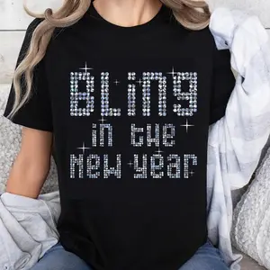 100% Cotton Bling In The New Year Rhinestone T-Shirt Women's Sparkly Sequin Christmas Holiday Party Shirt Cute Fashion Top