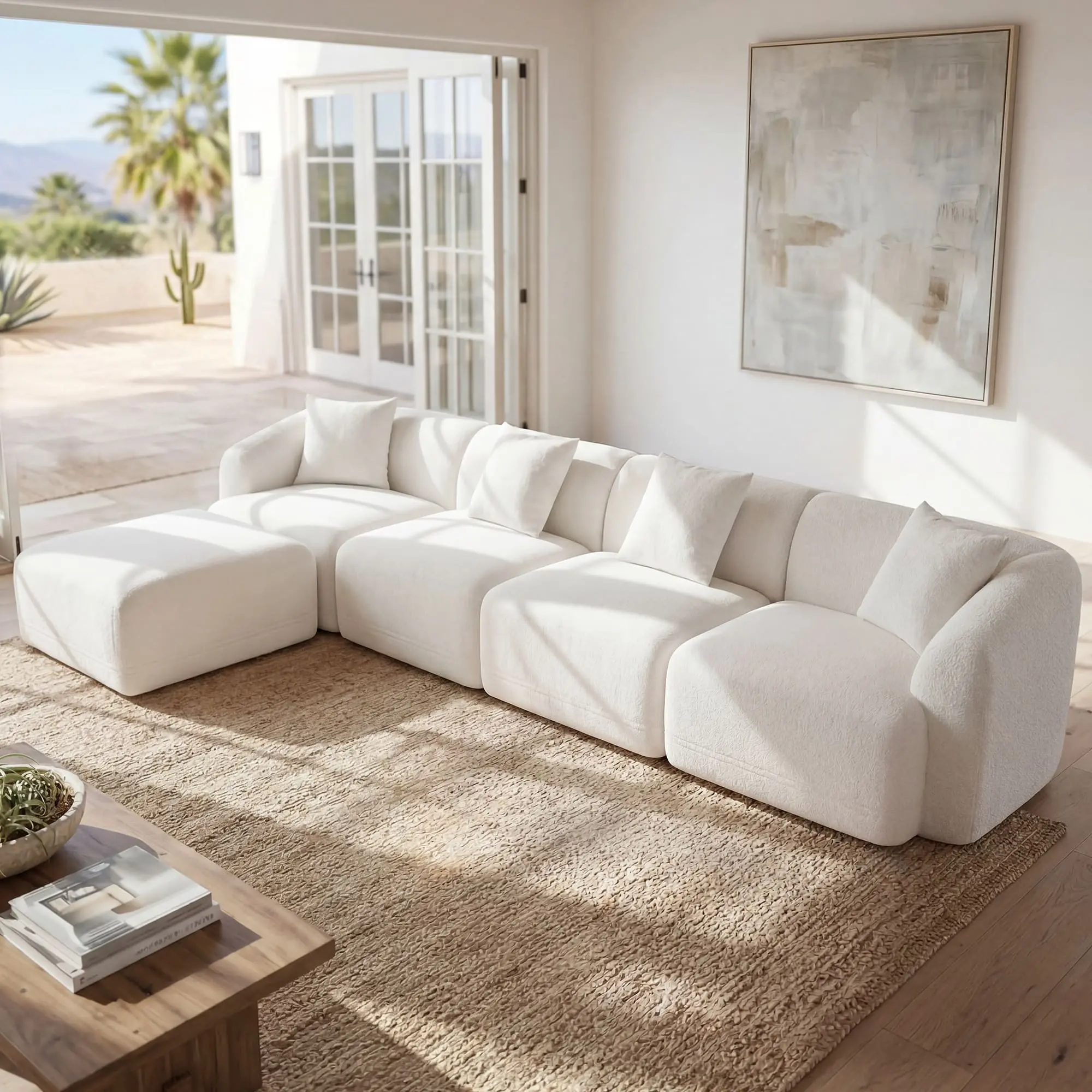 143" White Modular Cloud Sectional Couch - 4-Seater Convertible L-Shape Boneless Sofa with Movable Ottomans, Deep Comfy Sleeper for Living Room, Bedroom
