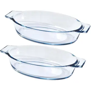 Mini Casserole Dish Oval 2 Pack, 13oz Glass Baking Dish, Banana Split Bowls, Single Serving, Individual Bakeware Baking Pans for Oven Microwave Air Fryer, Clear Prep Bowls