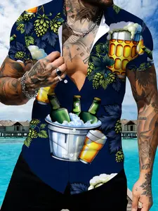 Men's Hawaiian Printed Short Sleeve Shirt, Bikini Pattern Cool Summer Beach Vacation Fashion Top