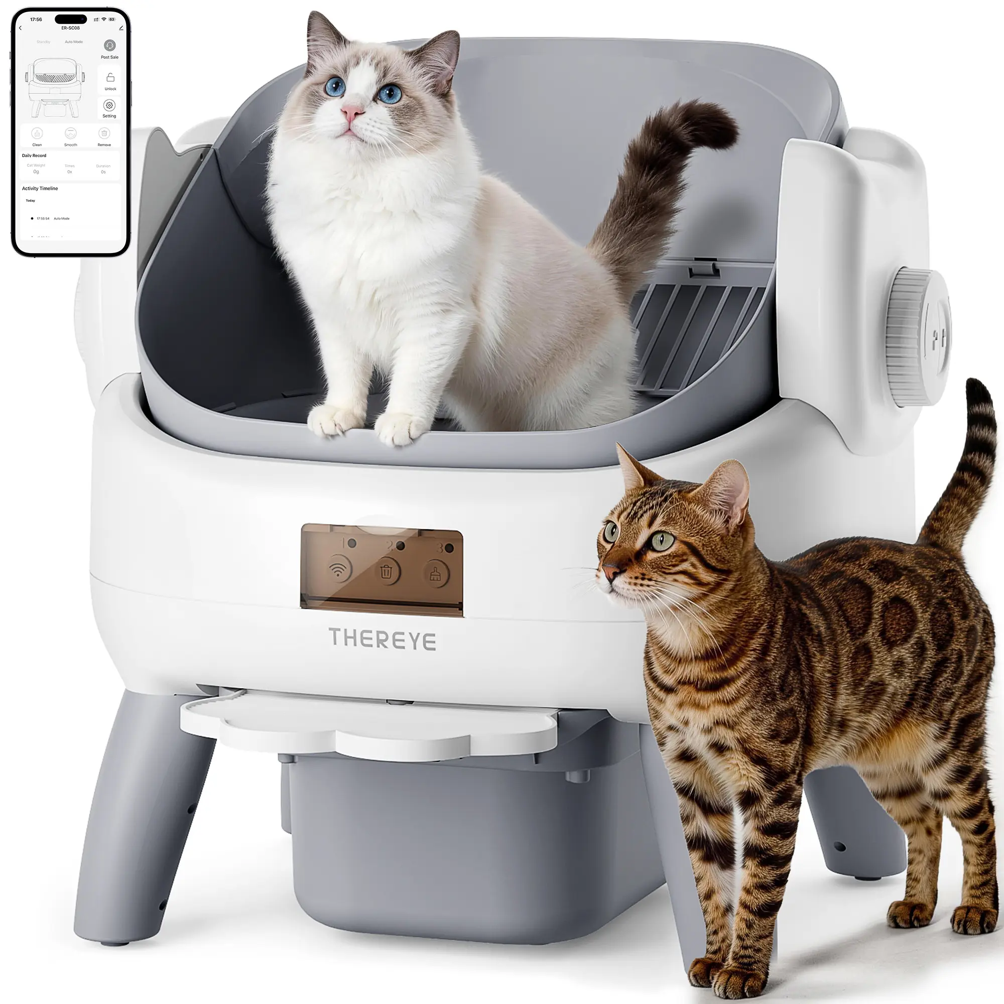Thereye SC08 Open Smart Litter Box, and comes with a garbage bag/litter mat.  10 pairs of gravity sensors + infrared sensor, safety anti-pinch, odor control. #backtoschool