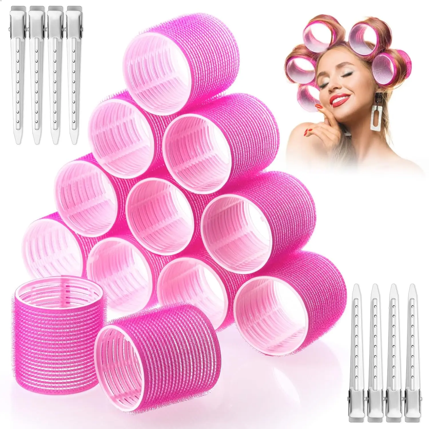Hair Curlers Self-Grip Rollers, 60mm Large Rollers with Clips for Long, Thick Straight Hair (Rose Red) - Hair Curlers Rollers