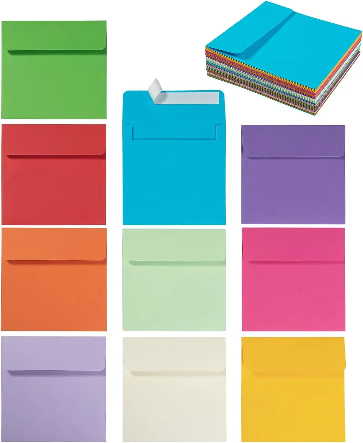 50 Pack 6 x 6 Square Envelopes Self Seal, Colorful | For Wedding & Party Invitations, Greeting Cards, Announcements, Photos & CD/DVD Sleeves