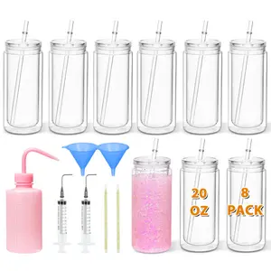 8 Pack 20 Oz Acrylic Snow Globe Tumbler, Double Wall Plastic Cups for Glitter DIY with Clear Lids & Straws, Including DIY Tools