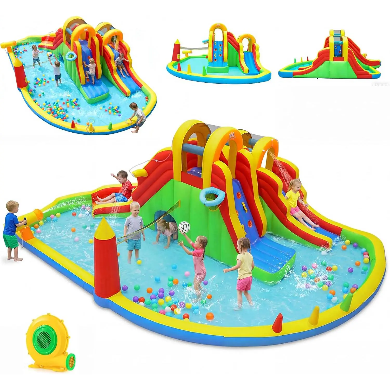 Costzon Kiddie Inflatable Water Slide with Air Blower - Lawn Playground Equipment, 8in Depth, Stake-Anchored, Inflatable Water Park Bounce House, Blower Power, for Backyard, Ages 3-10, 4th of July Dad Gift, Bounce House Water Park t