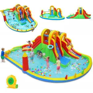Costzon - Inflatable Water Slide With Air Blower, Inflatable Mighty Bounce House Jumper, Mega Water Park Bouncy Castle Combo for Kids Boys Girls Outdoor Backyard  Summer Gifts, mothersdaygift