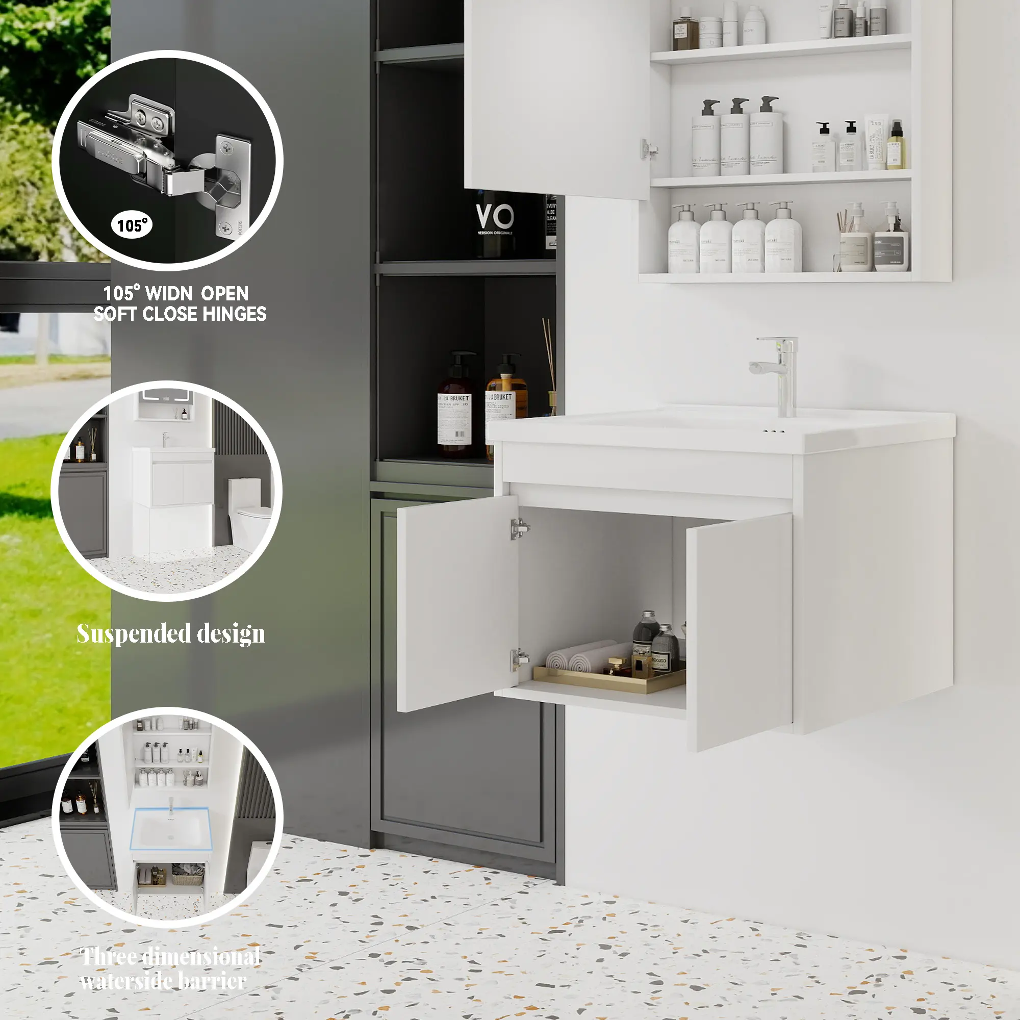 24 Inch White Floating Wall Mount Bathroom Vanity, Solid Moisture Resistant Waterproof Plywood Cabinet, Soft Close Double Storage Doors, Integrated Square Anti-Splash Ceramic Sink, Flat Pack DIY Assembly Kit,  No faucet and drainage pipe