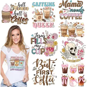 Coffee Iron on Transfers - 9 Sheets Cute DTF Transfer Ready to Press Xmas Heat Vinyl Stickers Retro Sunflowers Patches Decals for Women T-Shirts Clothing Hoodie Winter DIY Crafts Decorations